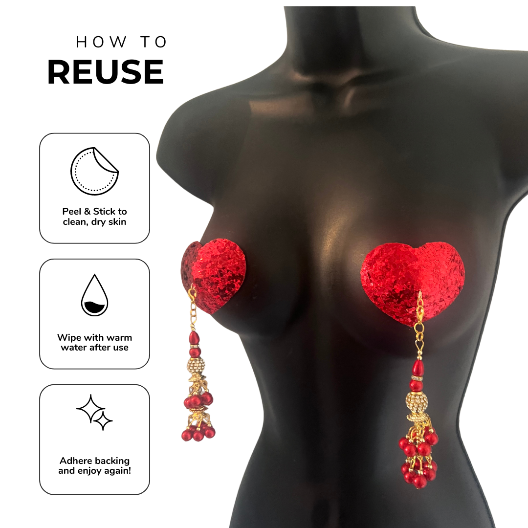 AMORÉ Red Heart Shape Nipple Pasties Covers (2pcs) with Removable Tassels