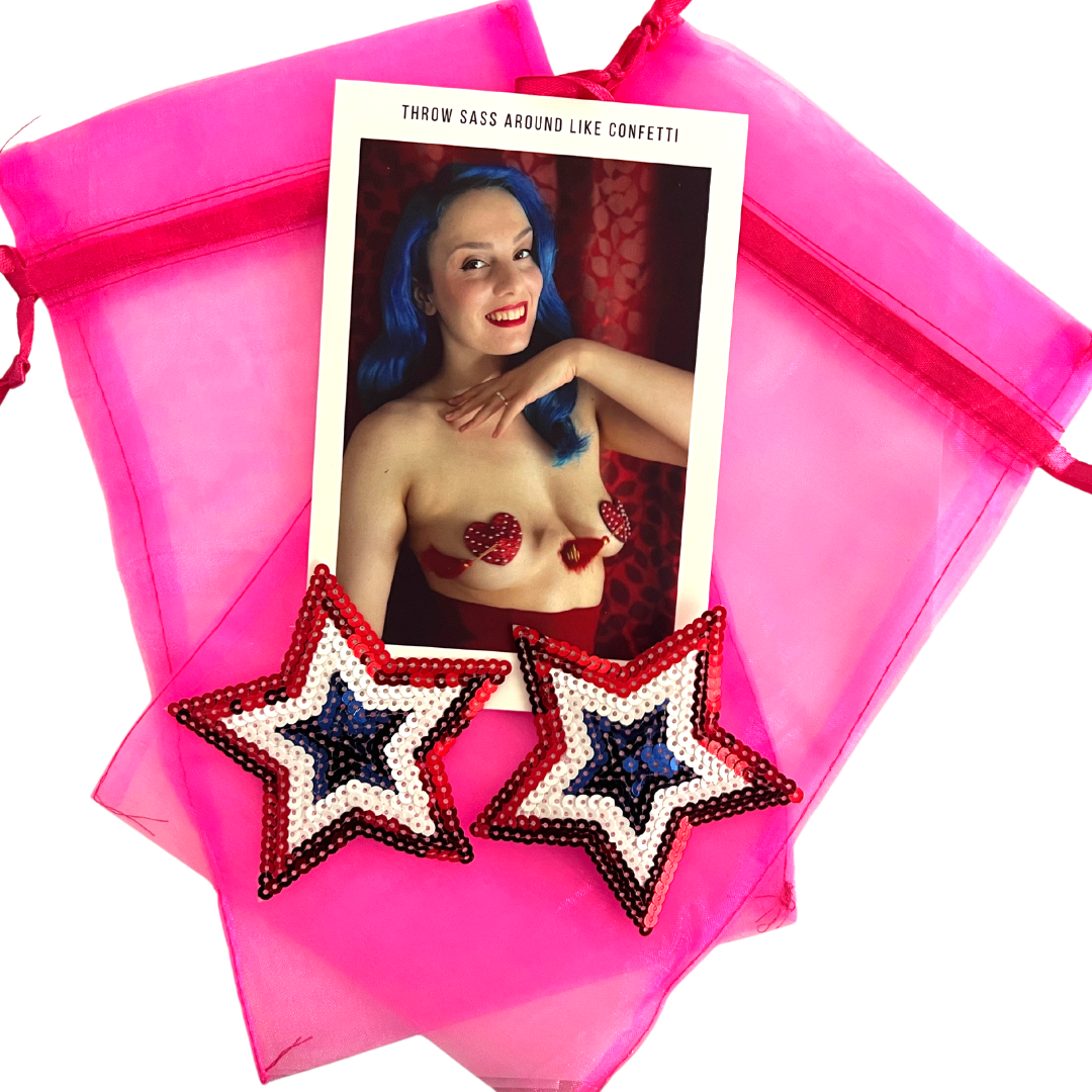MISS INDEPENDENT Red White &amp; Blue Sequin Star Nipple Pasty, Covers (2 pcs) pour Burlesque, Pride, Lingerie, Raves, Festivals