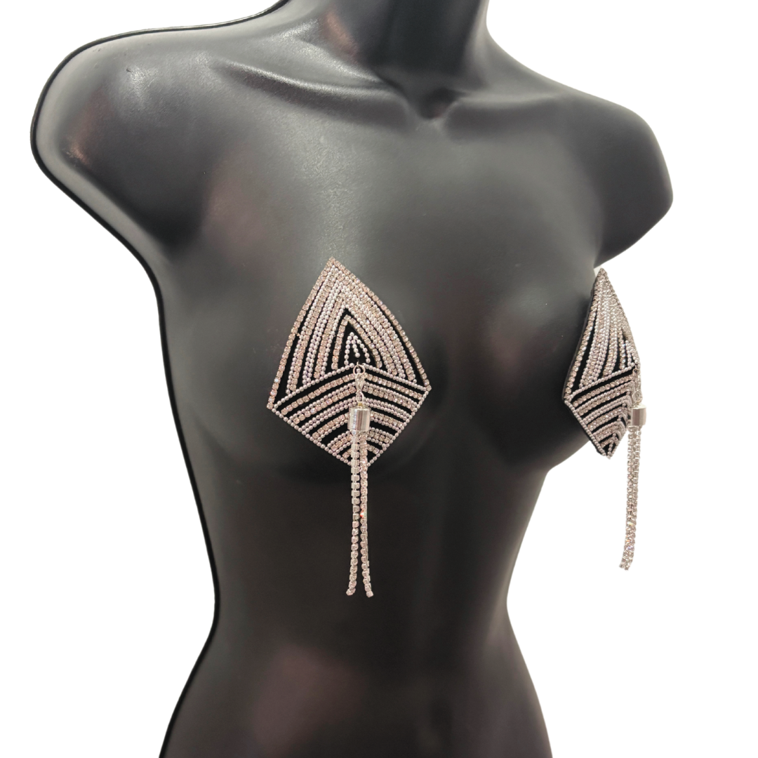 RHINESTONE RENDEZVOUS Black Velvet Diamond Shape Nipple Pasties with Removable Rhinestone Tassels (2pcs)