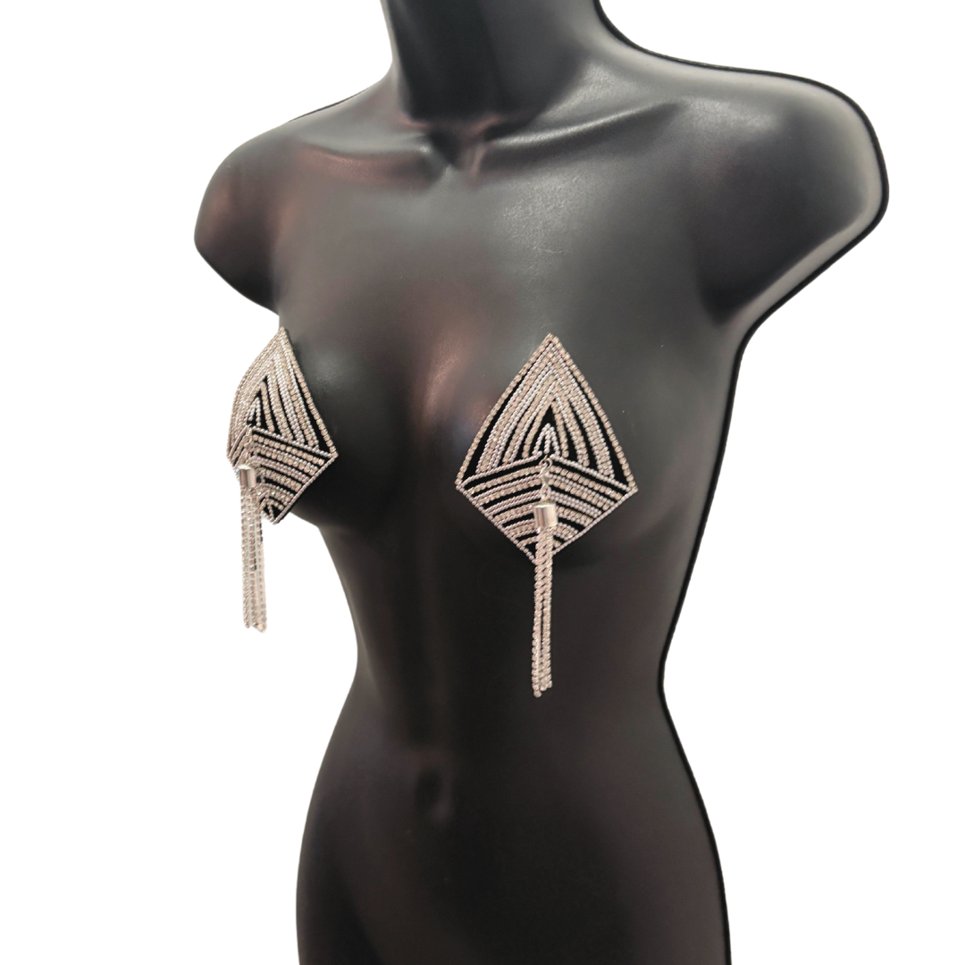 RHINESTONE RENDEZVOUS Black Velvet Diamond Shape Nipple Pasties with Removable Rhinestone Tassels (2pcs)