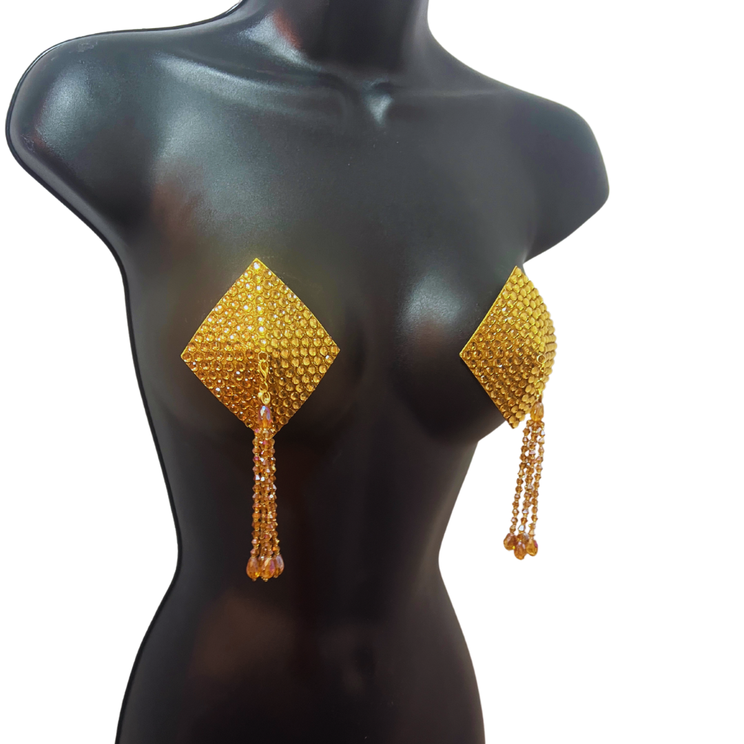 DIAMANTE Silver (5 colours!) Diamond Shape Crystal Pasties, Covers (2 PCS) with Removable Crystal and Tassels (Copy)