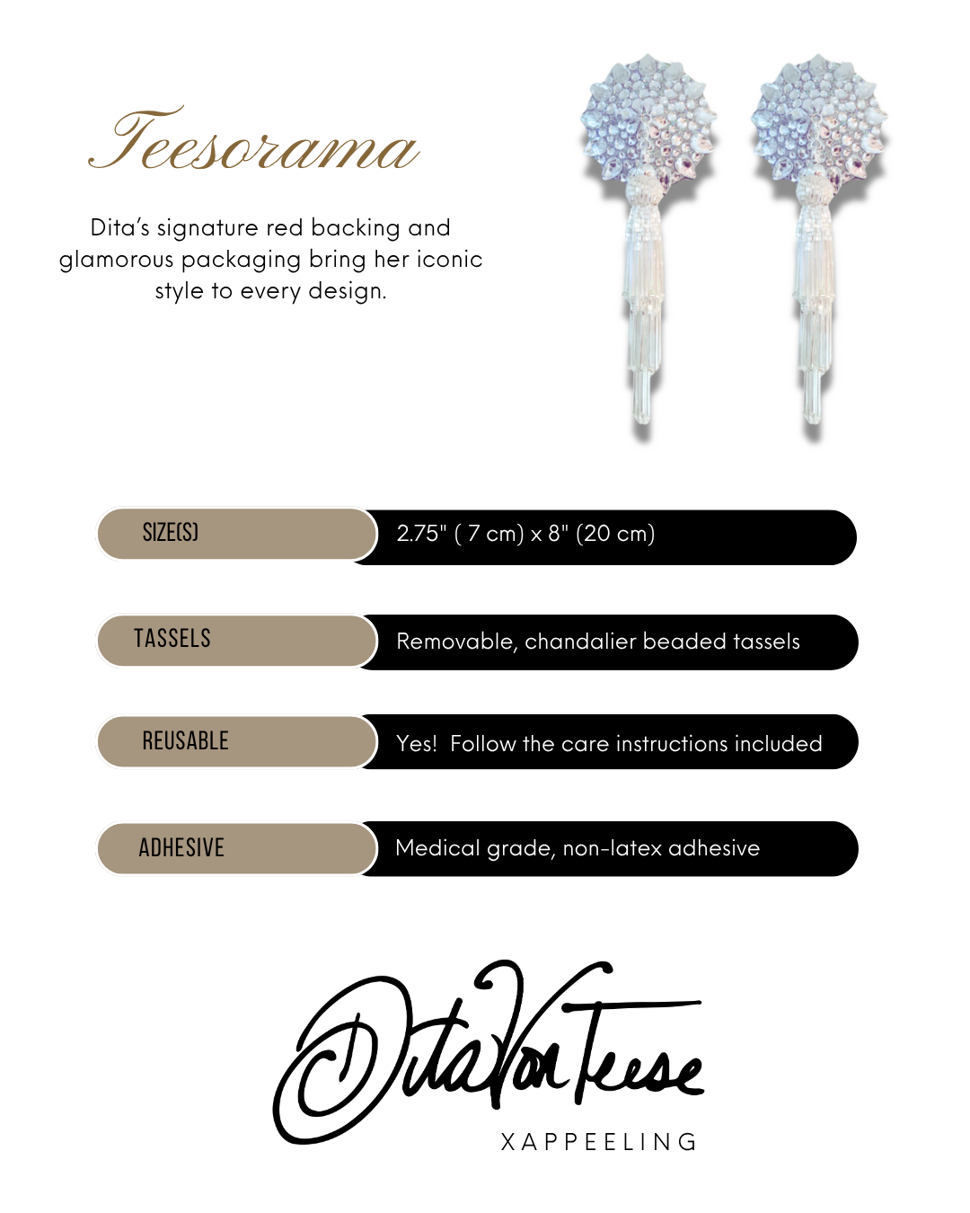 DITA VON TEESE Teesorama (Shimmering Silver) Glitter & Gem Pasties with Removable Hand-Beaded Tassels (2pcs)