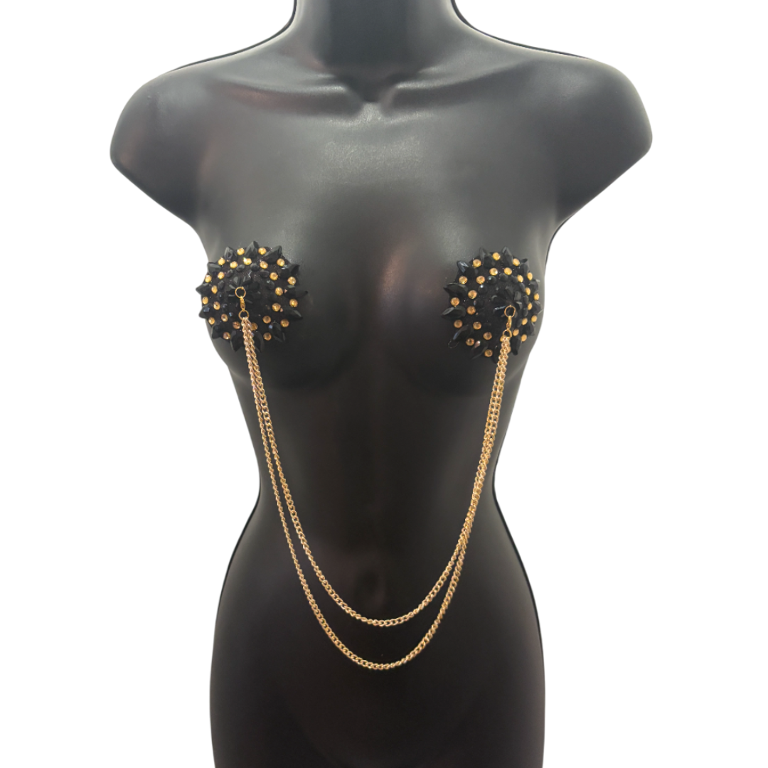 CABARET DORÉ Black and Gold  Nipple Pasties with Removable Double Loop Gold Chain (3 pcs)