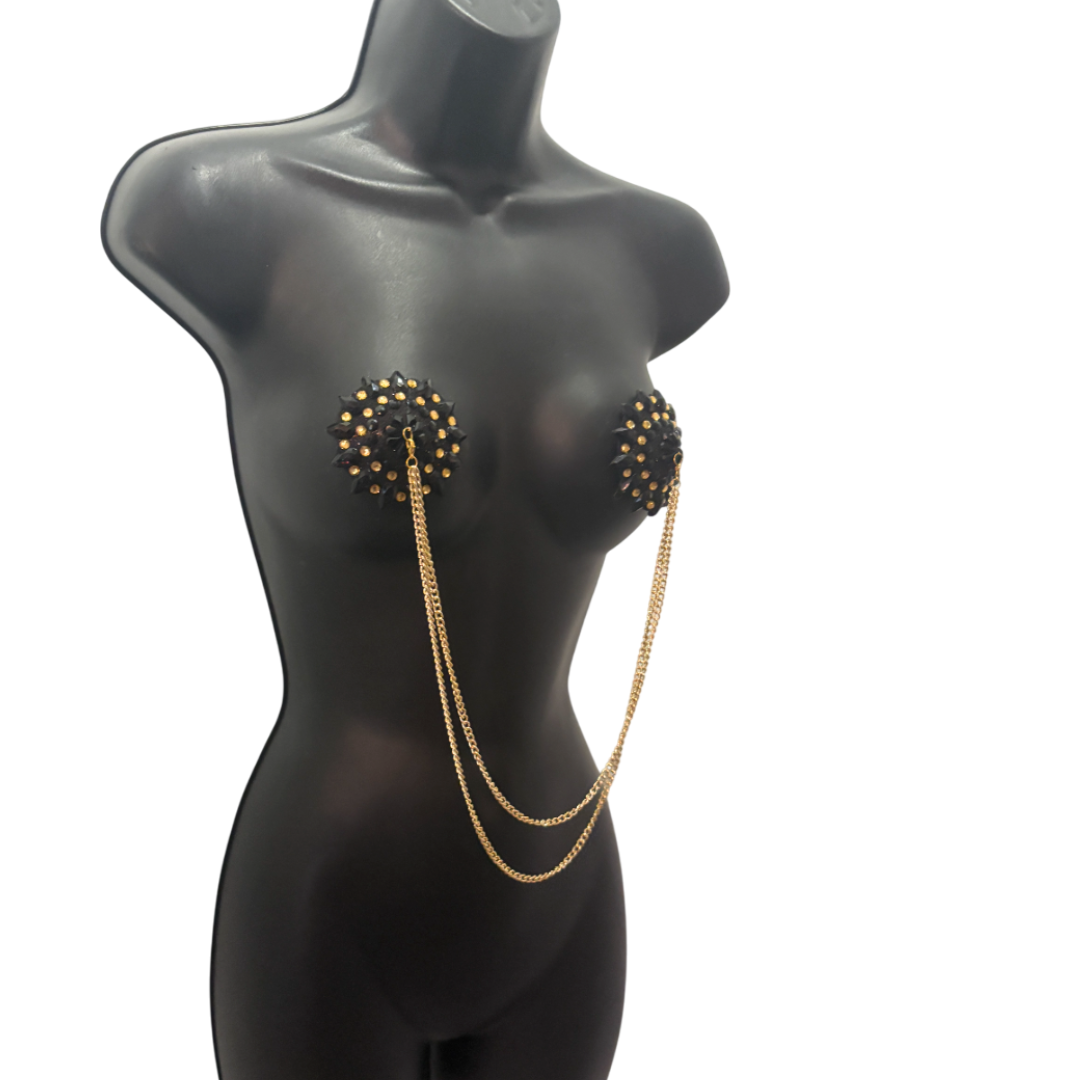 CABARET DORÉ Black and Gold  Nipple Pasties with Removable Double Loop Gold Chain (3 pcs)