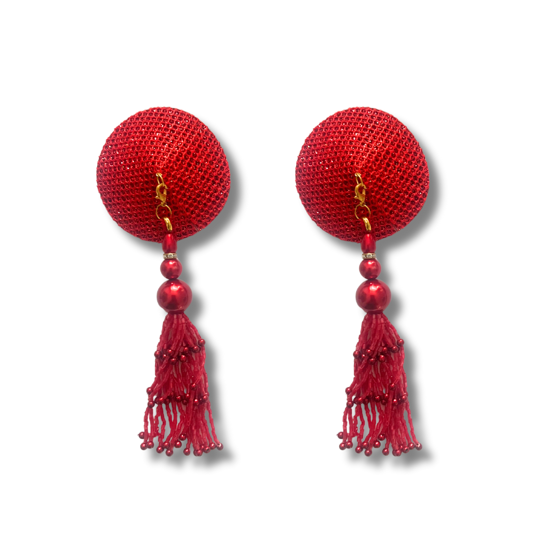 BATON ROUGE Red Shimmer Circle Shape Nipple Pasties Covers (2pcs) with Removable Tassels