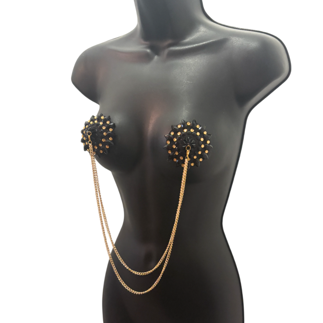 CABARET DORÉ Black and Gold  Nipple Pasties with Removable Double Loop Gold Chain (3 pcs)