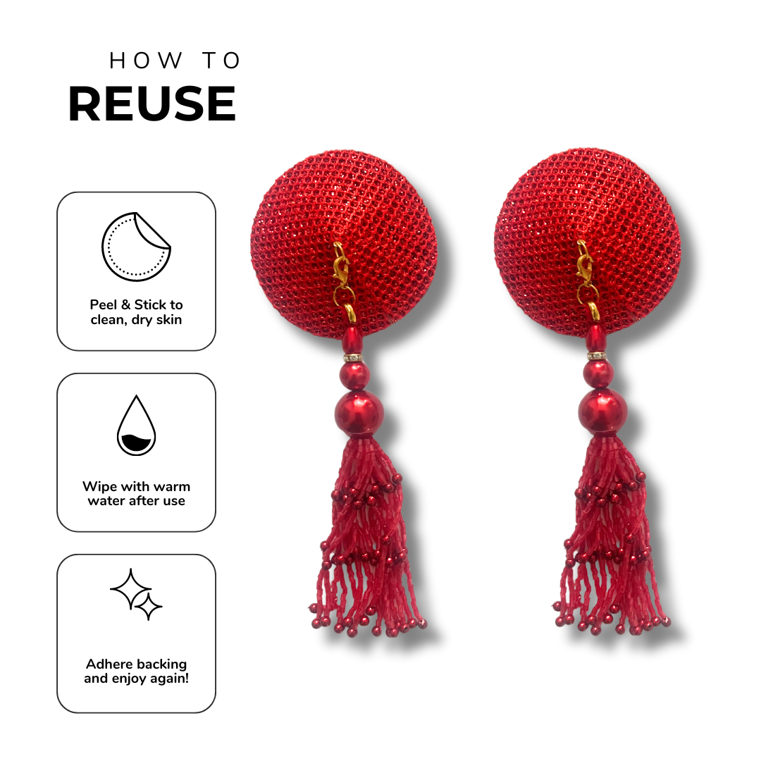 BATON ROUGE Red Shimmer Circle Shape Nipple Pasties Covers (2pcs) with Removable Tassels