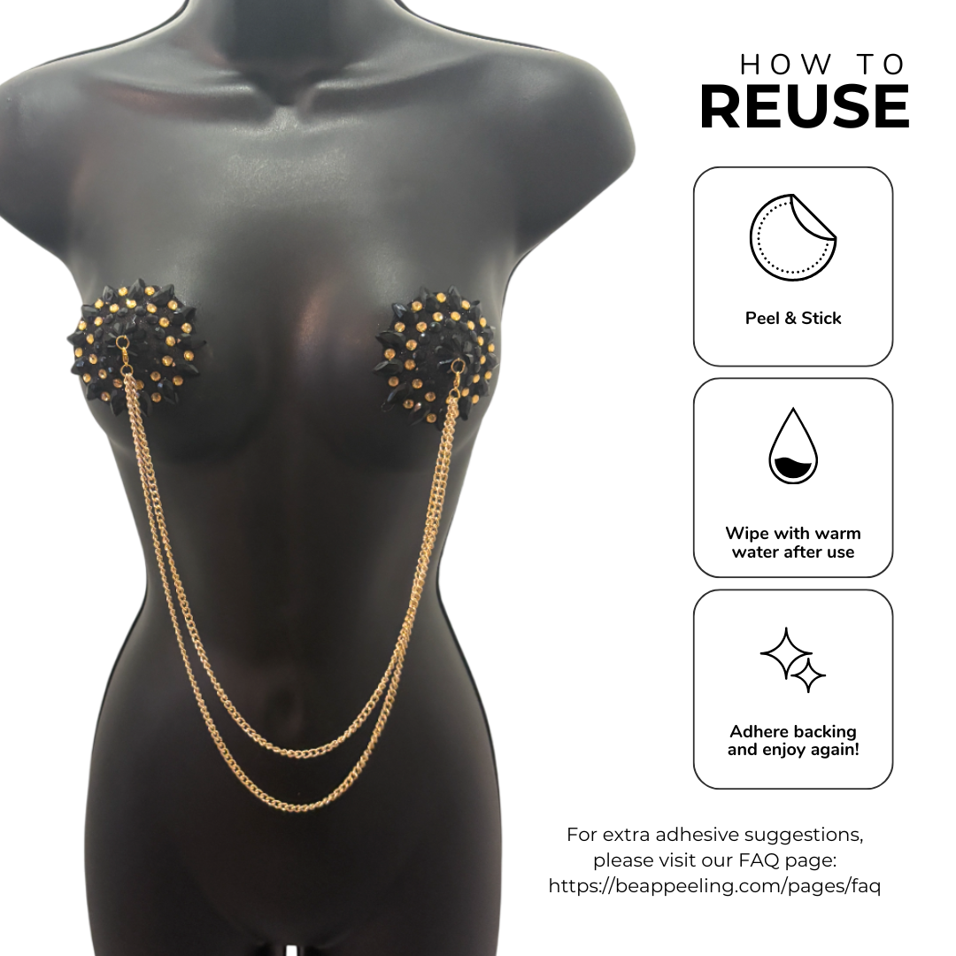 CABARET DORÉ Black and Gold  Nipple Pasties with Removable Double Loop Gold Chain (3 pcs)