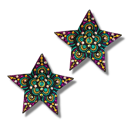 STARRY NIGHT Colourful Mosaic Glitter and Gem STAR Pasties, Nipple Covers (2pcs) for Burlesque Rave Festival Pride Carnival Lingerie