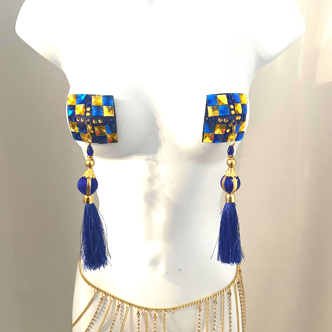 ROYAL TEASE Blue and Gold Square/Diamond Nipple Pasties, Covers (2pcs) with RemovableTassels (2pcs) Burlesque Lingerie Raves and Festivals