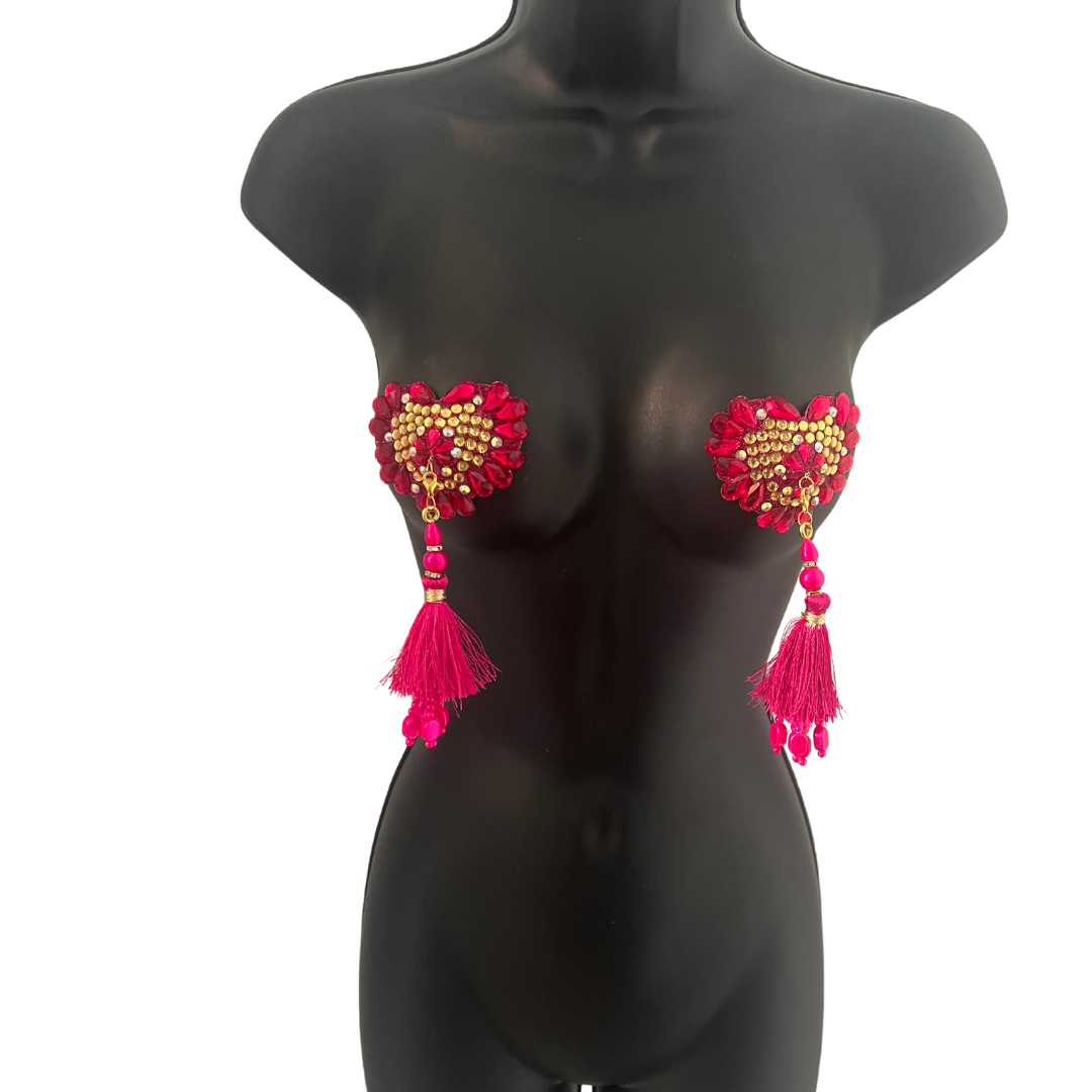 CUPID'S CHARM Pink and Gold Heart Shape Nipple Pasties Covers (2pcs) with Removable Tassels