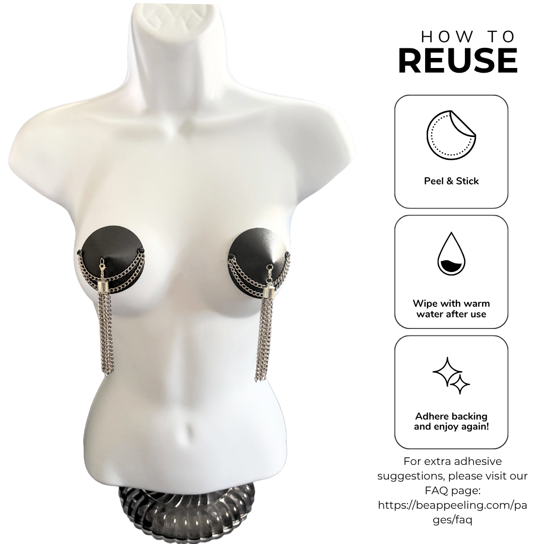 BLACK BETTY Soft Leather and Silver Chain Nipple Pasties, Pasty, Covers (2 PCS) Appeeling