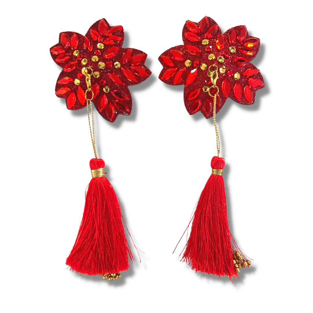 HOLLY BERRY Red/Gold or Green/Gold Floral Nipple Pasties, Covers (2pcs) w/ Hand Beaded Tassels (2pcs)