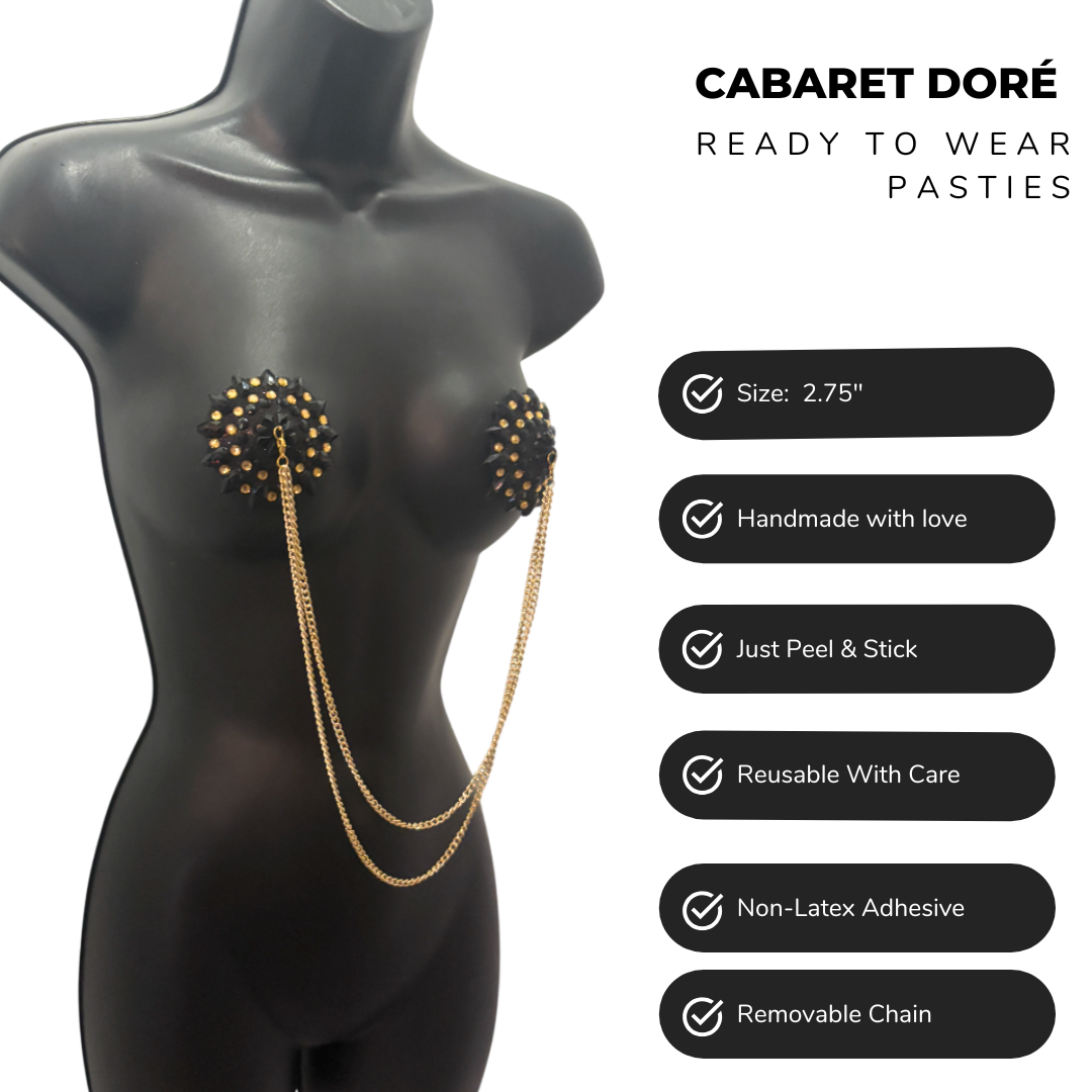 CABARET DORÉ Black and Gold  Nipple Pasties with Removable Double Loop Gold Chain (3 pcs)