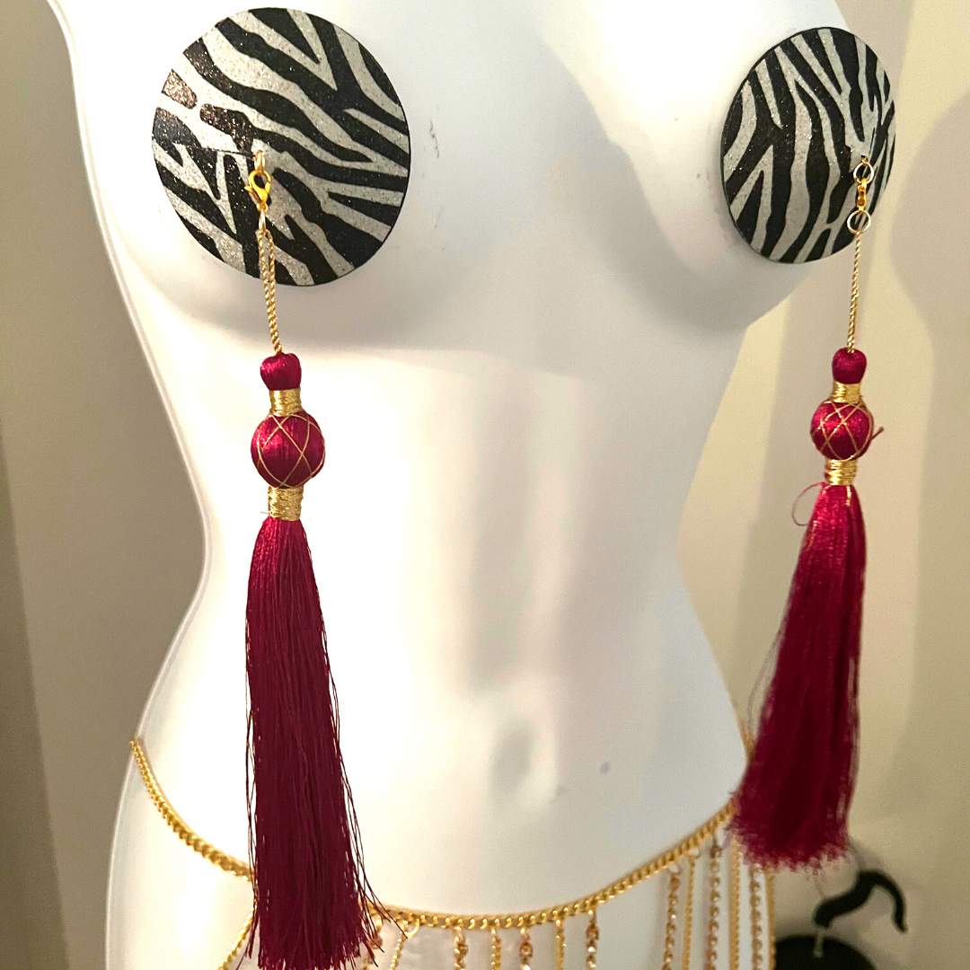 ZOË Glitter Zebra Print Nipple Pasty, Nipple Cover (2pcs) with 2 sets of Tassels for Lingerie Carnival Burlesque Rave Festivals