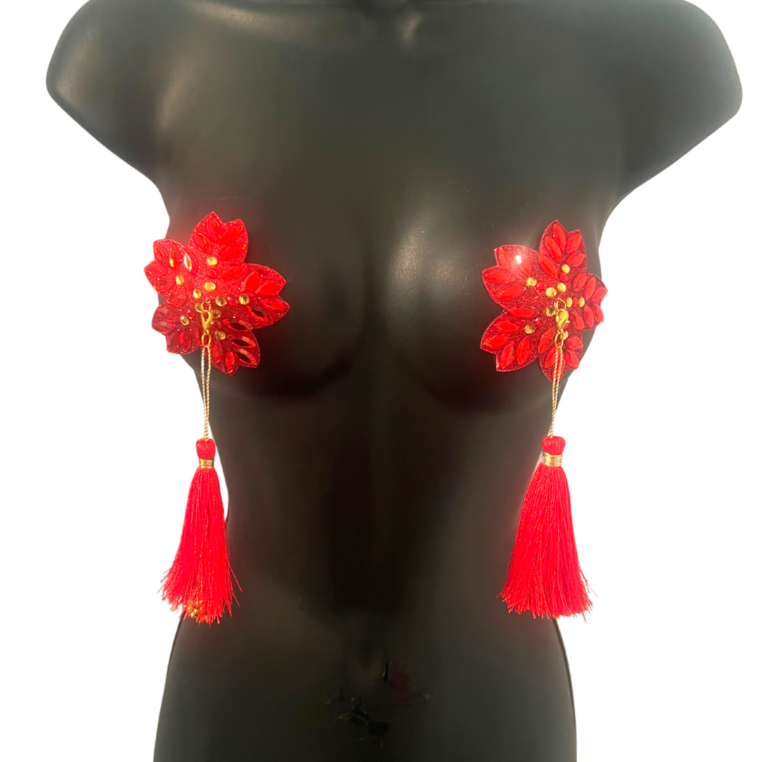 HOLLY BERRY Red/Gold or Green/Gold Floral Nipple Pasties, Covers (2pcs) w/ Hand Beaded Tassels (2pcs)