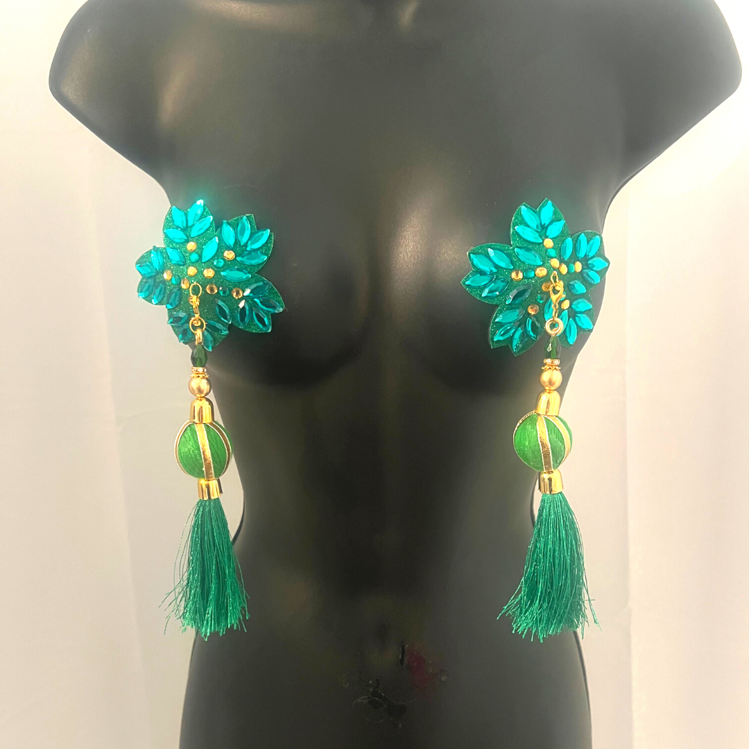 HOLLY BERRY Red/Gold or Green/Gold Floral Nipple Pasties, Covers (2pcs) w/ Hand Beaded Tassels (2pcs)