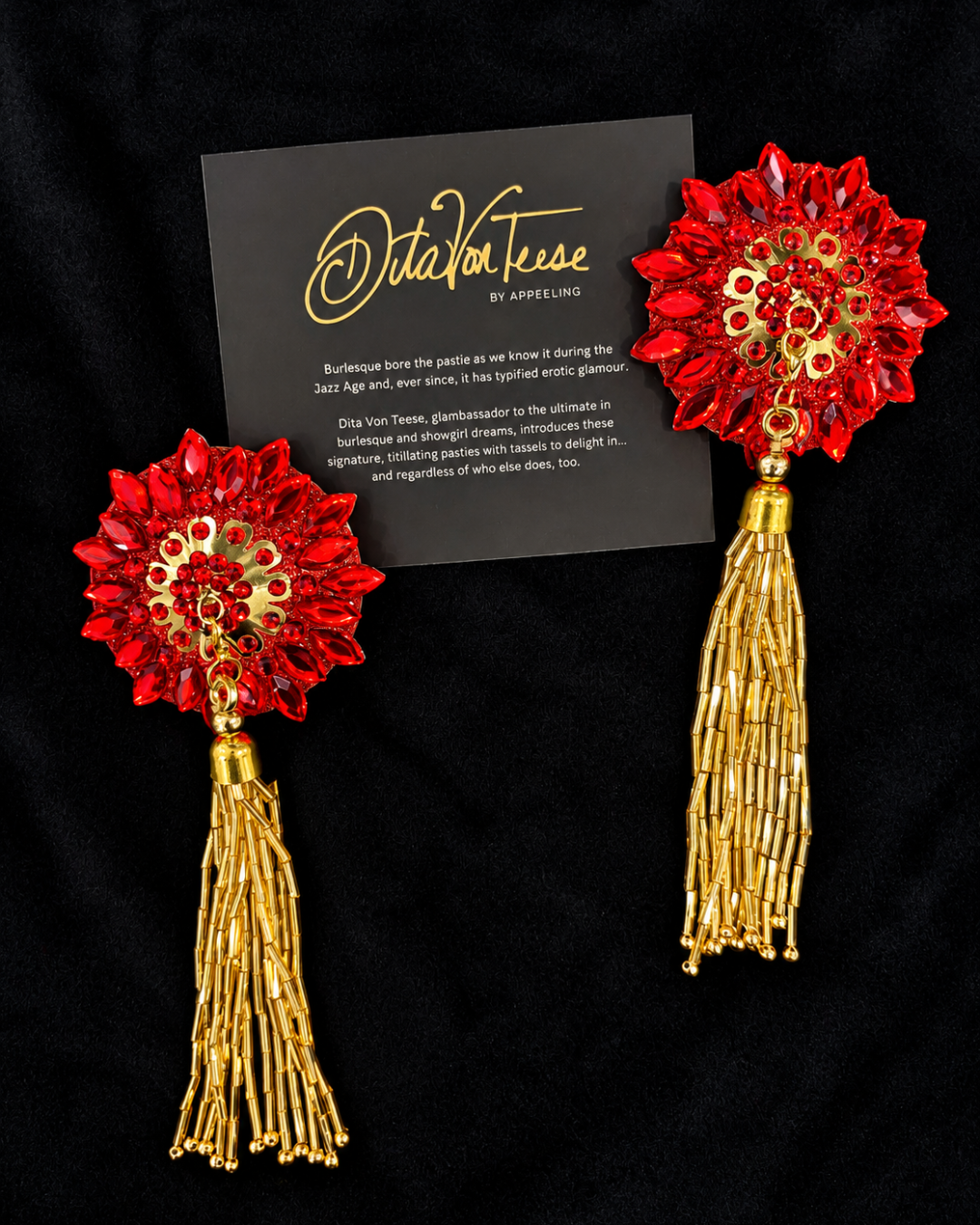 DITA VON TEESE ZORITA Red and Gold Pasties with Removable Hand-Beaded Gold Tassels (2pcs) Appeeling