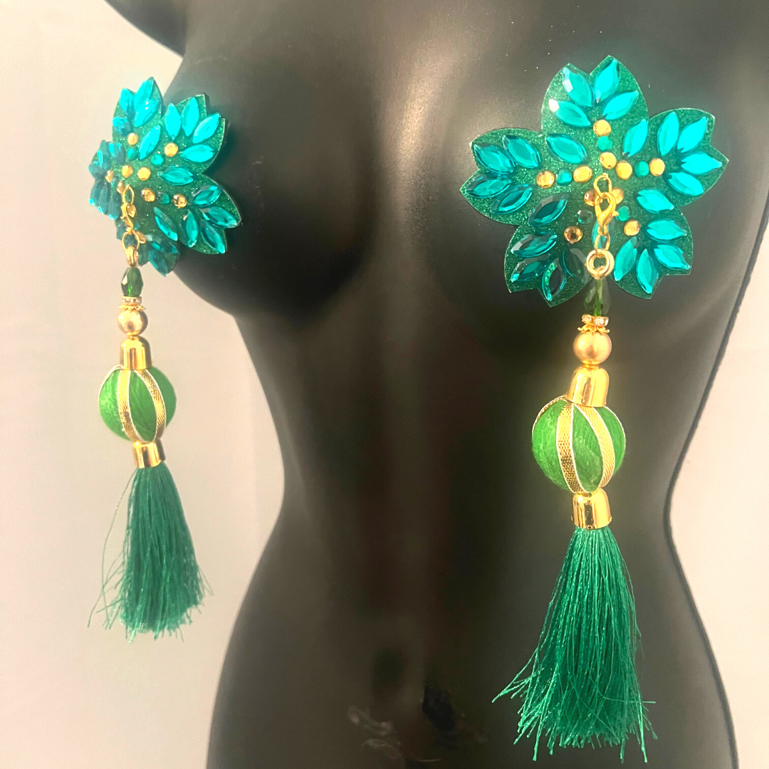 HOLLY BERRY Red/Gold or Green/Gold Floral Nipple Pasties, Covers (2pcs) w/ Hand Beaded Tassels (2pcs)