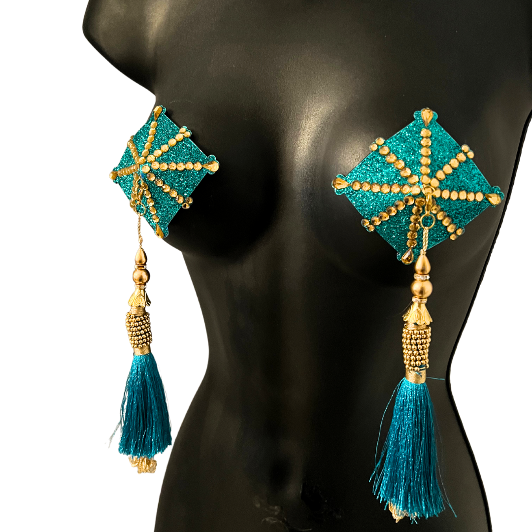 CELESTE  Teal and Gold Diamond Shaped Pasties, Nipple Covers w/ Removable Tassels (2pcs)