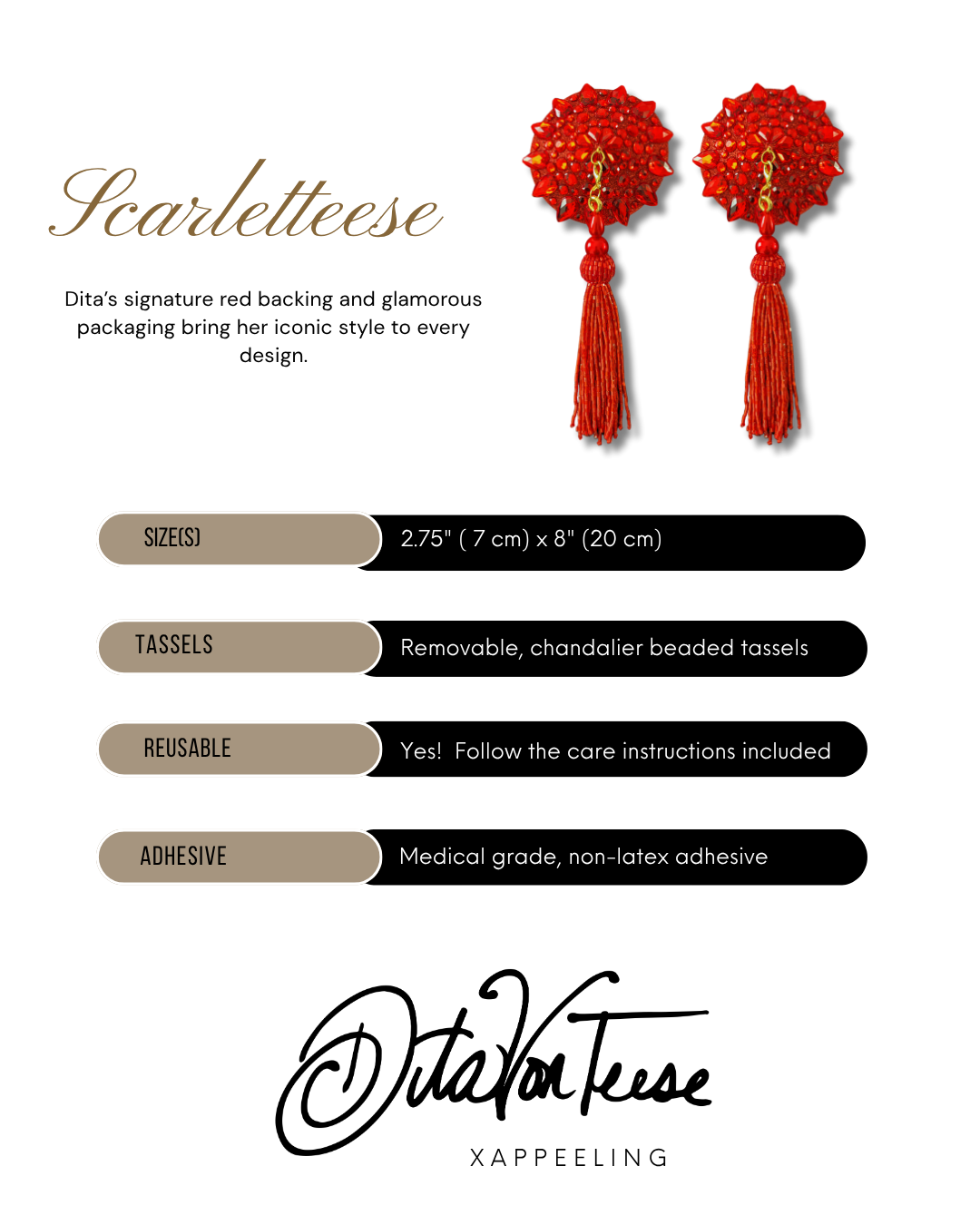 DITA VON TEESE Scarleteese Glitter & Gem Pasties with Removable Hand-Beaded Pasties With Tassels (2pcs)