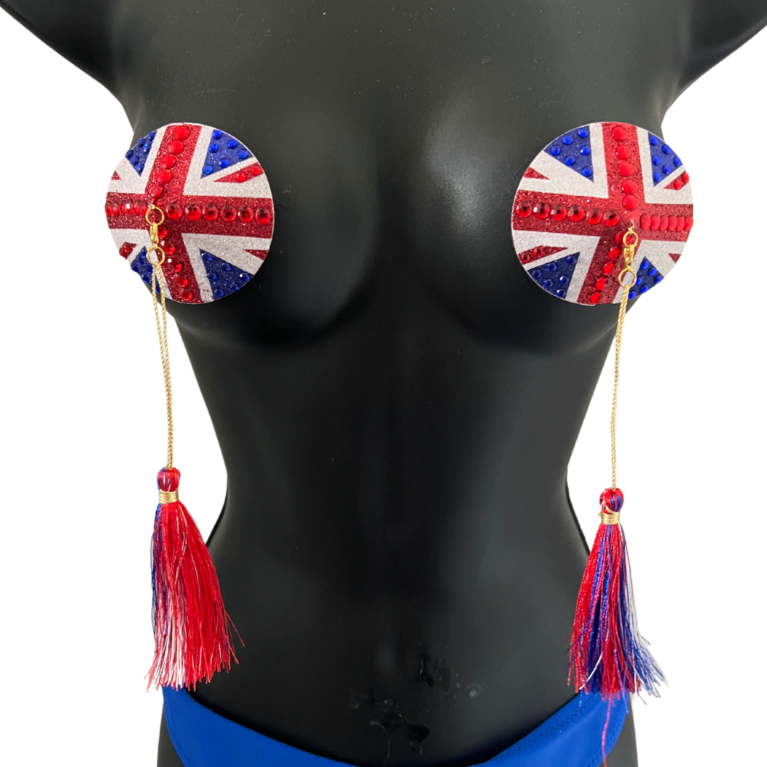 POSH Union Jack Glitter & Gem, Nipple Cover (2pcs) Pasties with Removable Tassels for Lingerie Carnival Burlesque Rave