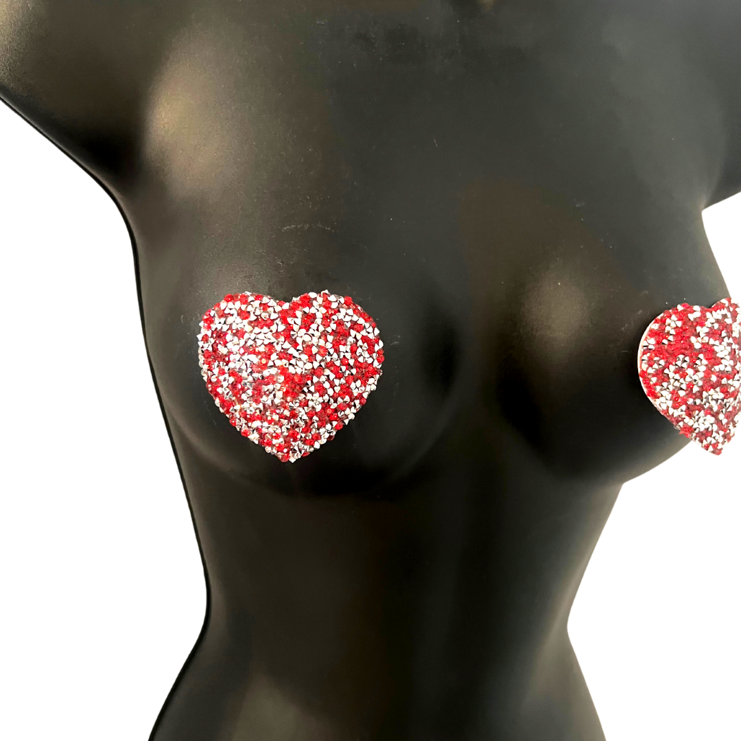 POPPY TART Red & Silver Heart Sprinkle Nipple Pasties Covers (2pcs) for Burlesque, Rave Lingerie and Festivals