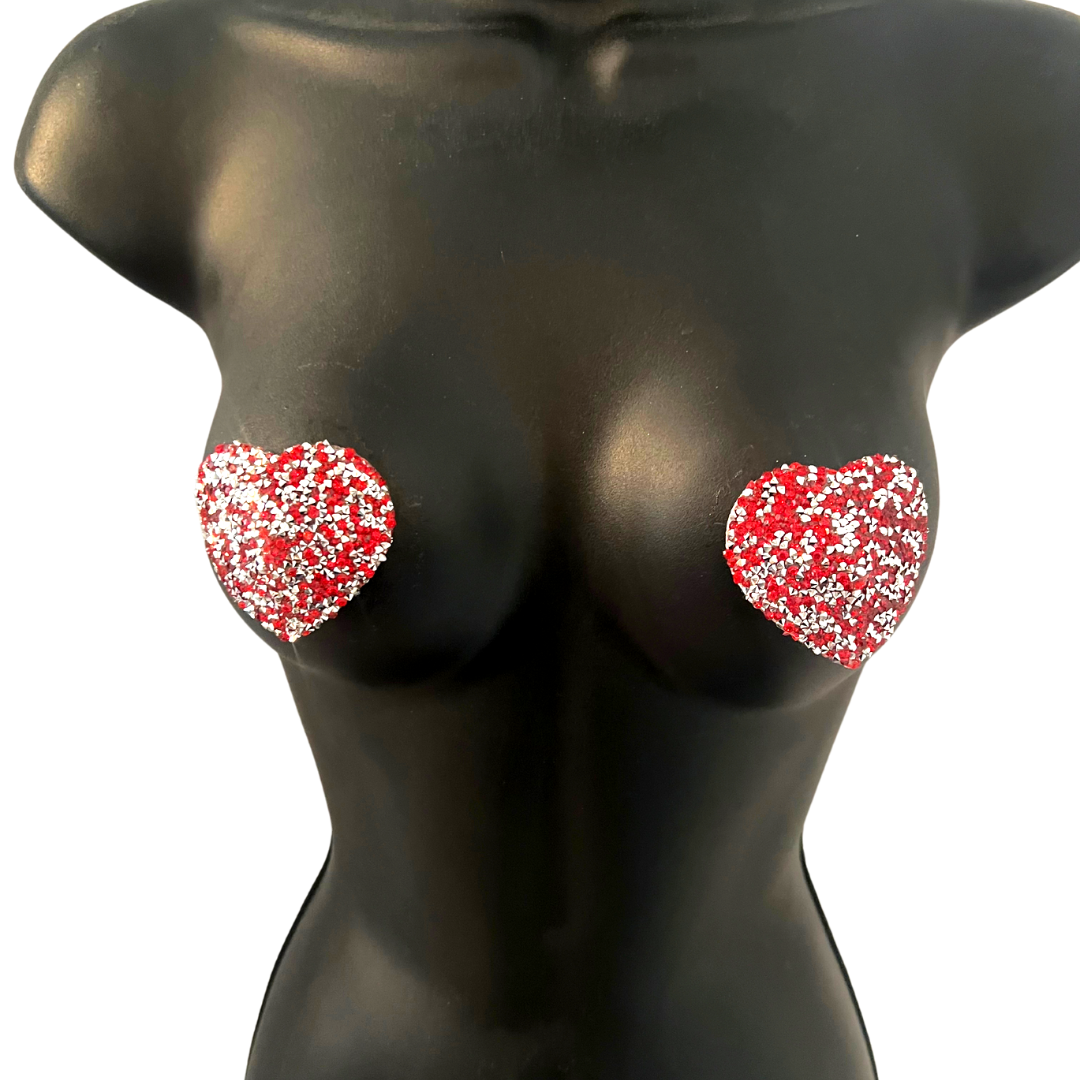 POPPY TART Red & Silver Heart Sprinkle Nipple Pasties Covers (2pcs) for Burlesque, Rave Lingerie and Festivals