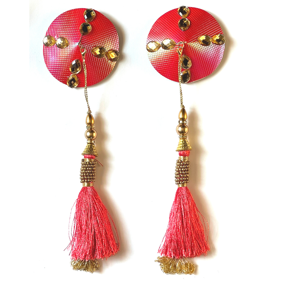 BELLINI Peachy Pink Shimmer Leather-like, Nipple Cover (2pcs) Cache-tétons avec pierres précieuses dorées et glands perlés pour lingerie carnaval burlesque rave