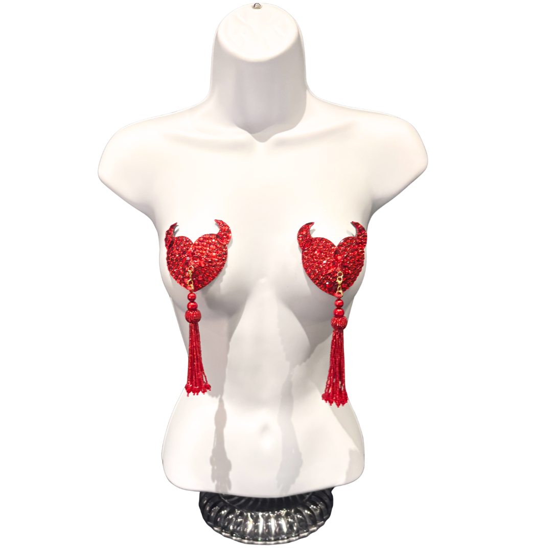 DAREDEVIL Red Devil Hearts Pasties,  Nipple Covers (2pcs) with Removable Tassels