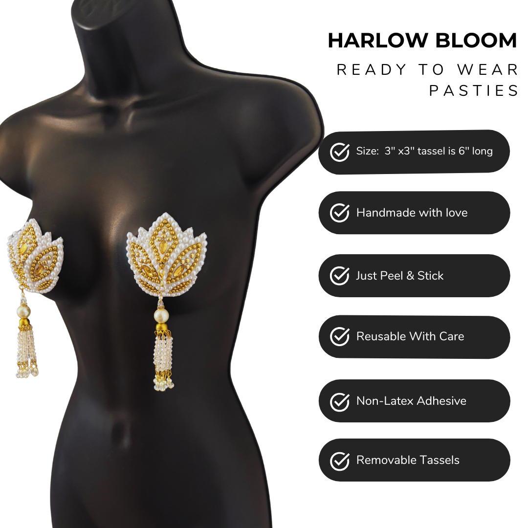 HARLOW BLOOM White and Gold  Nipple Pasties, Pasty (2pcs) with Removable Tassels