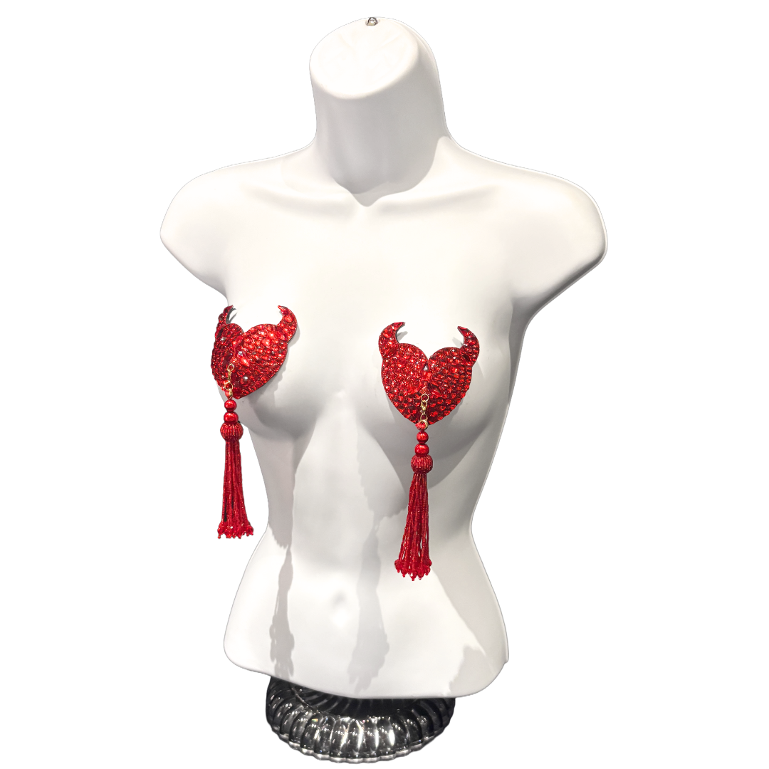 DAREDEVIL Red Devil Hearts Pasties,  Nipple Covers (2pcs) with Removable Tassels