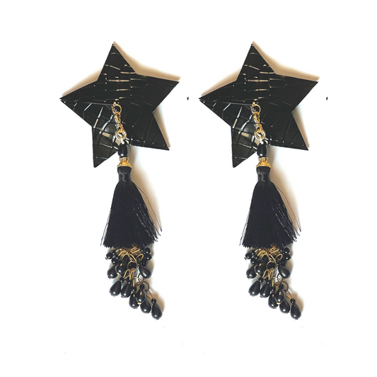 TWILIGHT Black Star Vegan Leather Nipple Cover (2pcs) Pasties with Removable Beaded Tassels for Lingerie Carnival Burlesque Rave