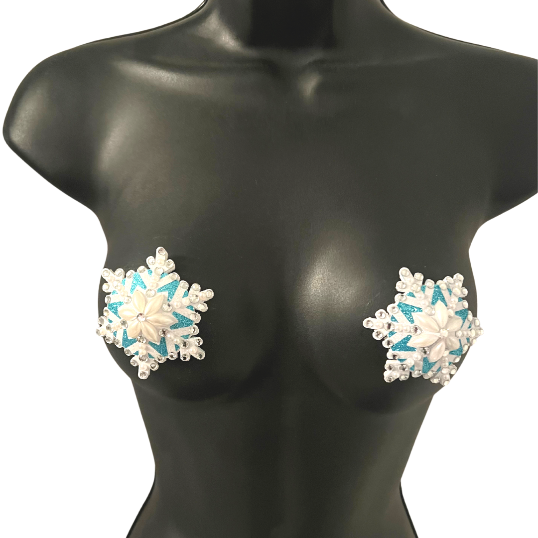 SNOW BUNNY Blue & White Snowflake Pearl and Gem Nipple Pasties, Pasty (2pcs)  (2pcs) Burlesque Lingerie Raves and Festivals