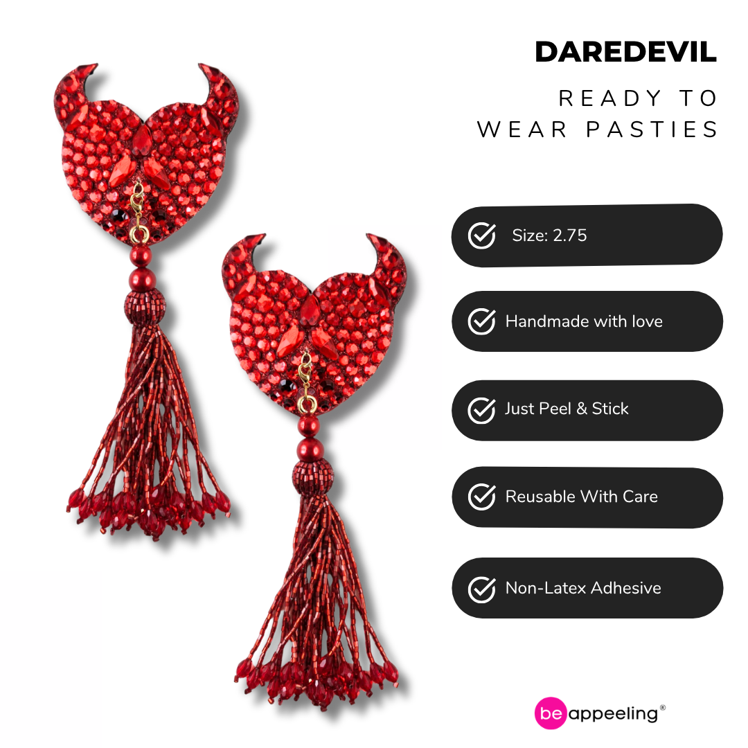 DAREDEVIL Red Devil Hearts Pasties,  Nipple Covers (2pcs) with Removable Tassels