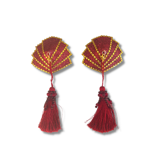 FANGIRL Burgundy Glitter and Gold Gem Nipple Cover (2pcs) Pasties with Intricate Removable Tassels for Lingerie Carnival Burlesque Rave