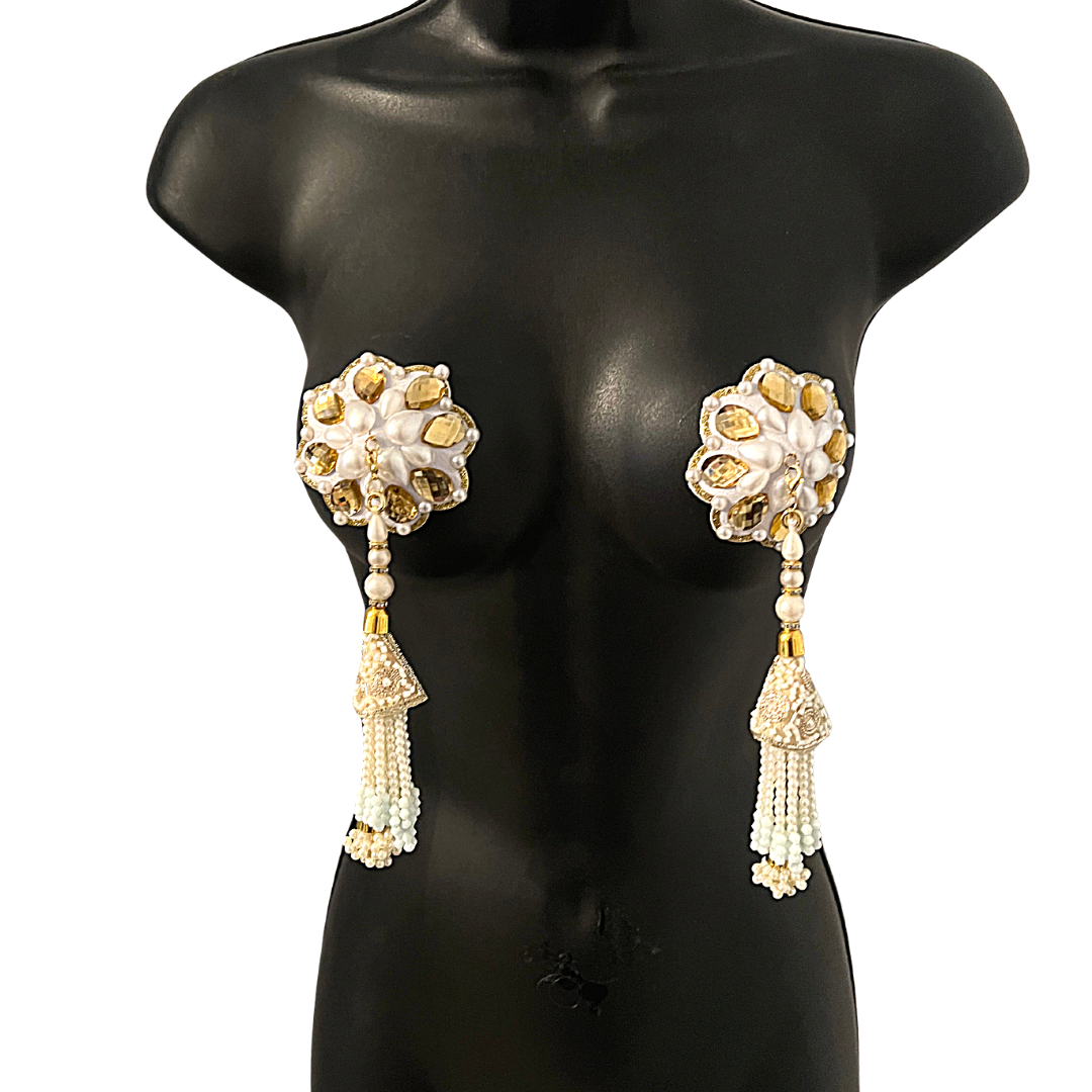 BOUQUET GARNI White Pearl and Gold Gem Nipple Pasties, Pasty (2pcs) with RemovableTassels (2pcs) Burlesque Lingerie Raves and Festivals