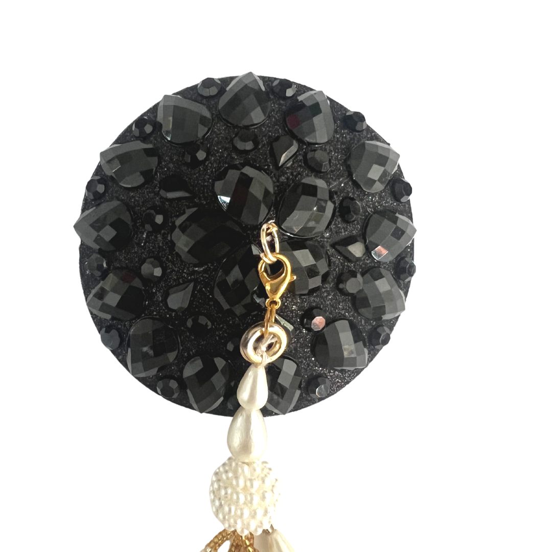 AUDREY Black Glitter and Gem Nipple Cover (2pcs) Pasties with Intricate Removable Pearl and Tassels for Lingerie Carnival Burlesque Rave