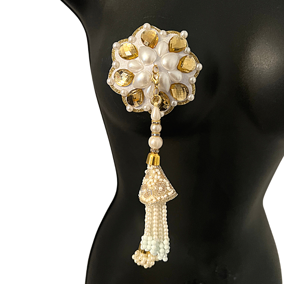 BOUQUET GARNI White Pearl and Gold Gem Nipple Pasties, Pasty (2pcs) with RemovableTassels (2pcs) Burlesque Lingerie Raves and Festivals