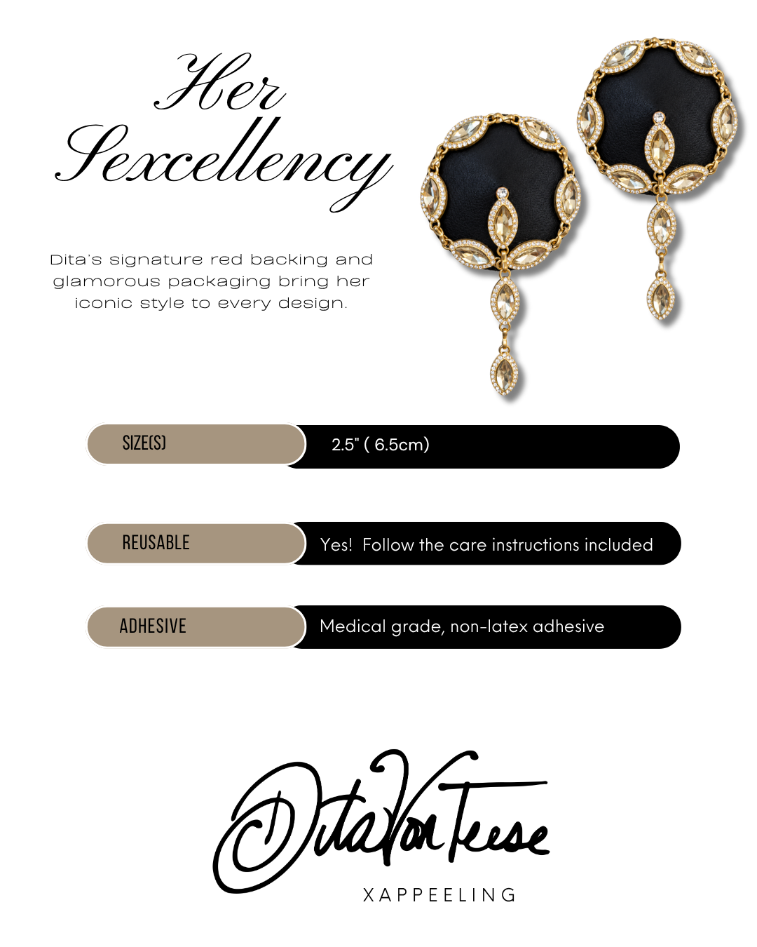 DITA VON TEESE HER SEXCELLENCY Leather Conical Pasties with Gold or Silver Gems And Rhinestones (2pcs)