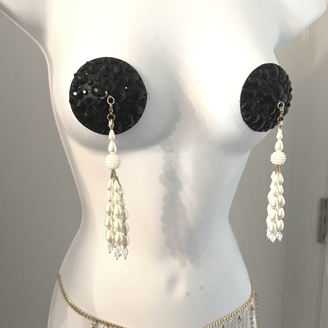 AUDREY Black Glitter and Gem Nipple Cover (2pcs) Pasties with Intricate Removable Pearl and Tassels for Lingerie Carnival Burlesque Rave