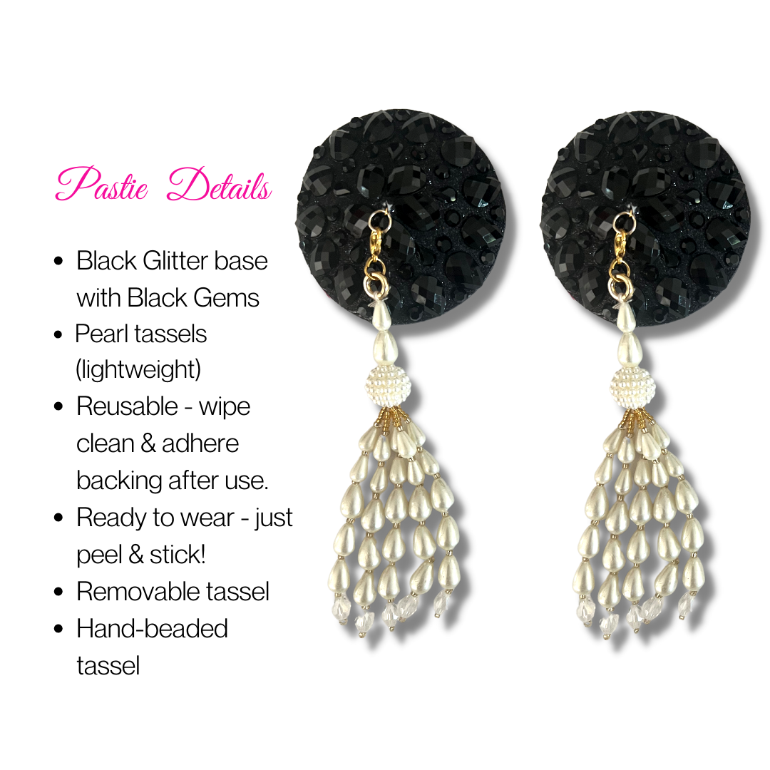 AUDREY Black Glitter and Gem Nipple Cover (2pcs) Pasties with Intricate Removable Pearl and Tassels for Lingerie Carnival Burlesque Rave