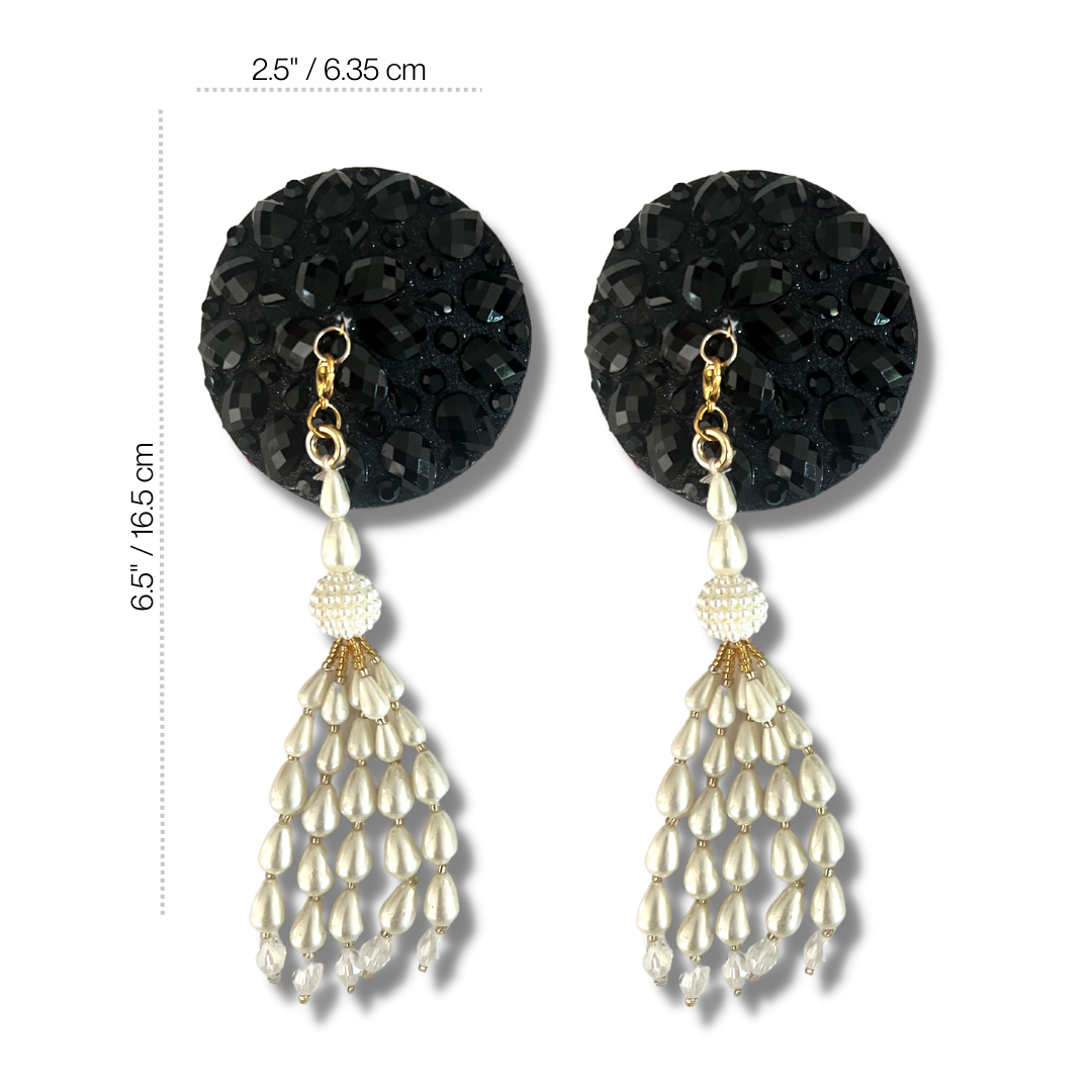AUDREY Black Glitter and Gem Nipple Cover (2pcs) Pasties with Intricate Removable Pearl and Tassels for Lingerie Carnival Burlesque Rave