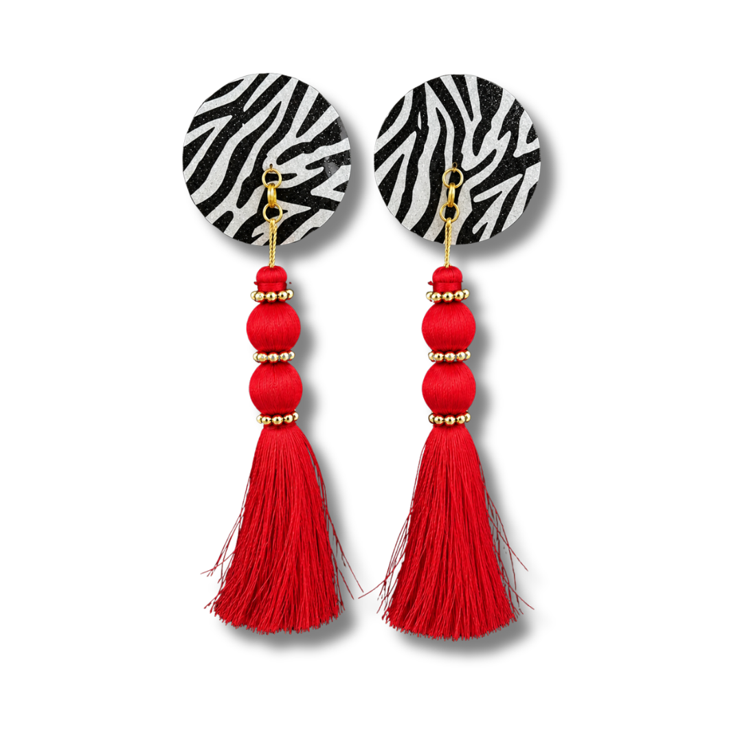 DAZZLE Zebra Glitter Nipple Pasties, Pasty (2pcs) - With Removable Black or Red Tassels Appeeling Red