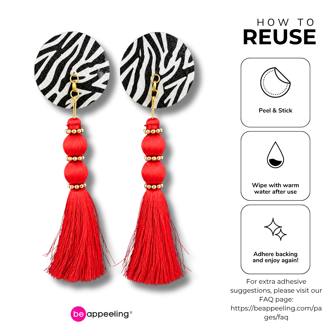 DAZZLE Zebra Glitter Nipple Pasties, Pasty (2pcs) - With Removable Black or Red Tassels Appeeling