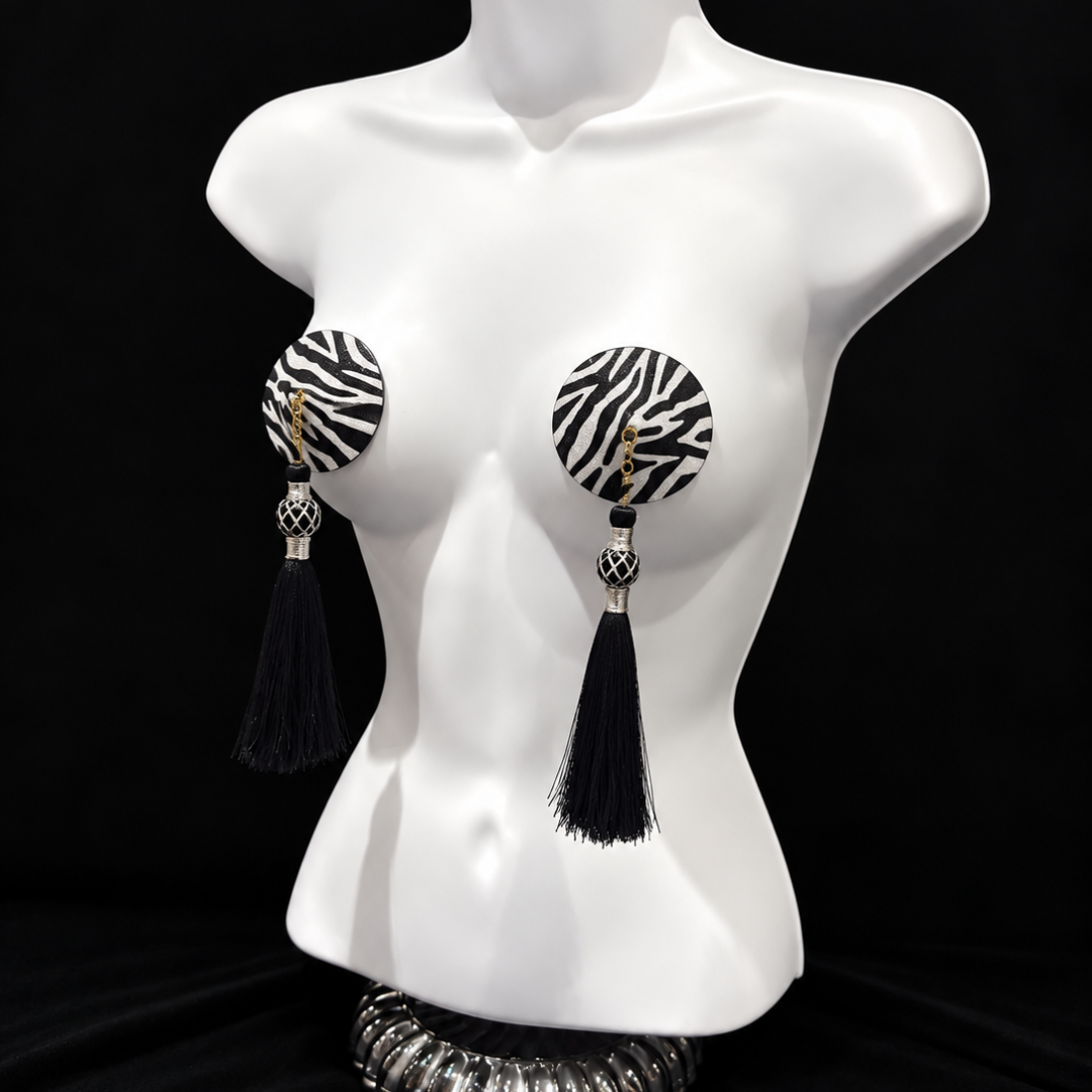 DAZZLE Zebra Glitter Nipple Pasties, Pasty (2pcs) - With Removable Black or Red Tassels Appeeling