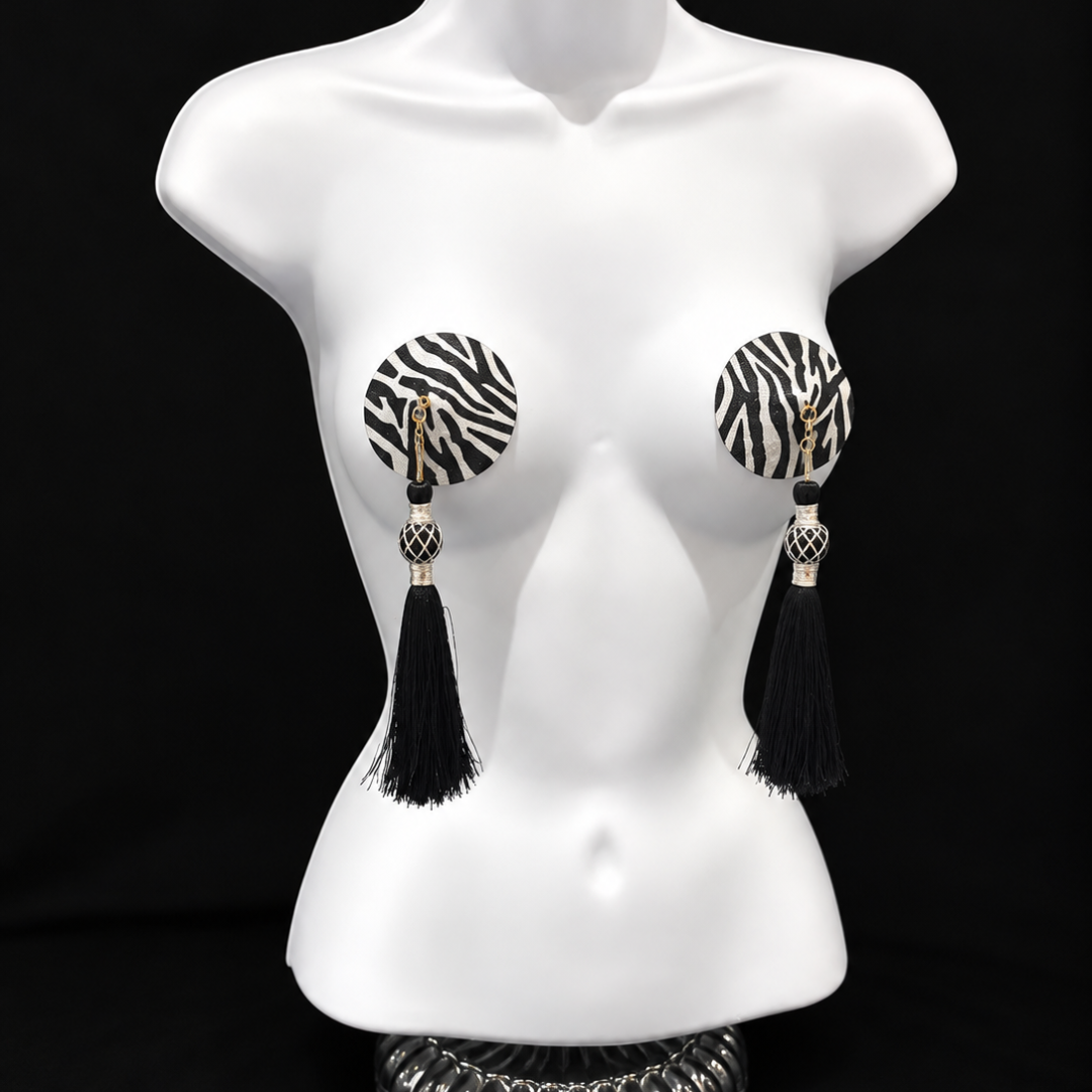 DAZZLE Zebra Glitter Nipple Pasties, Pasty (2pcs) - With Removable Black or Red Tassels Appeeling