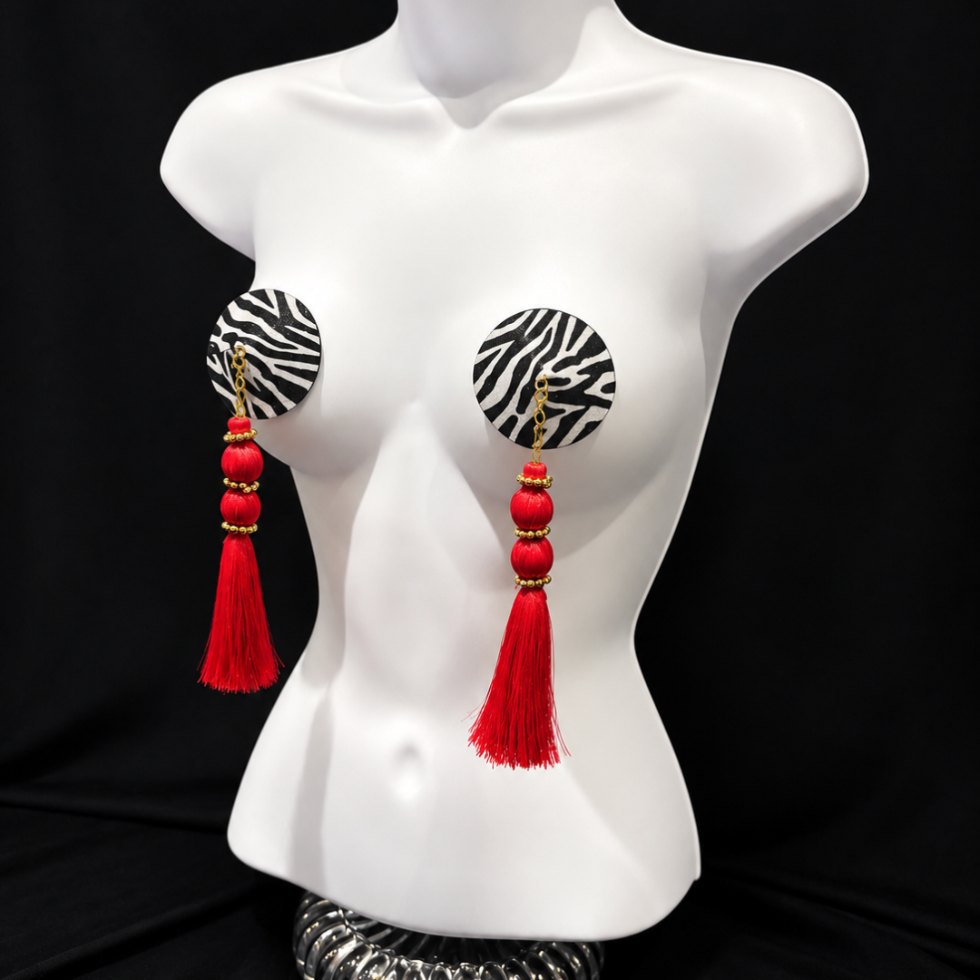DAZZLE Zebra Glitter Nipple Pasties, Pasty (2pcs) - With Removable Black or Red Tassels Appeeling