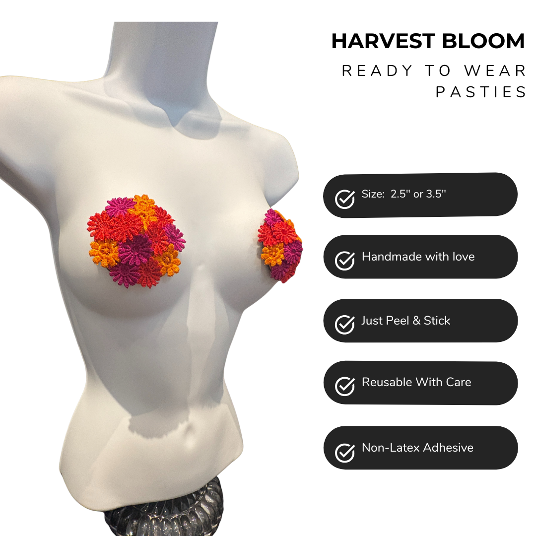HARVEST BLOOM - Floral Appliqué Nipple Pasties, Pasty (2pcs) Red, Pink and Yellow