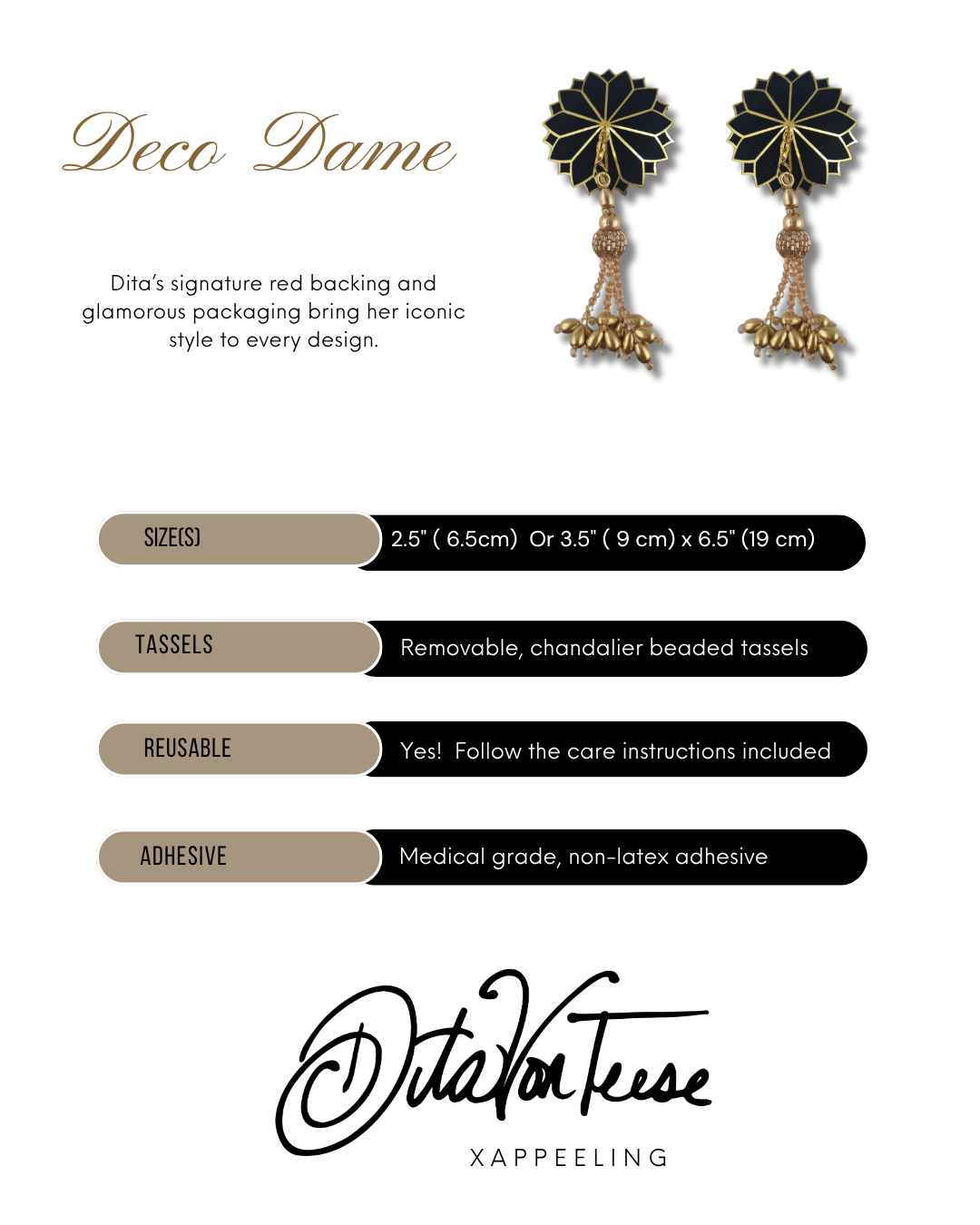 DITA VON TEESE Deco Dame (Black & Gold) Velvet and Gold Pasties With Removable Hand-Beaded Tassels (2pcs)